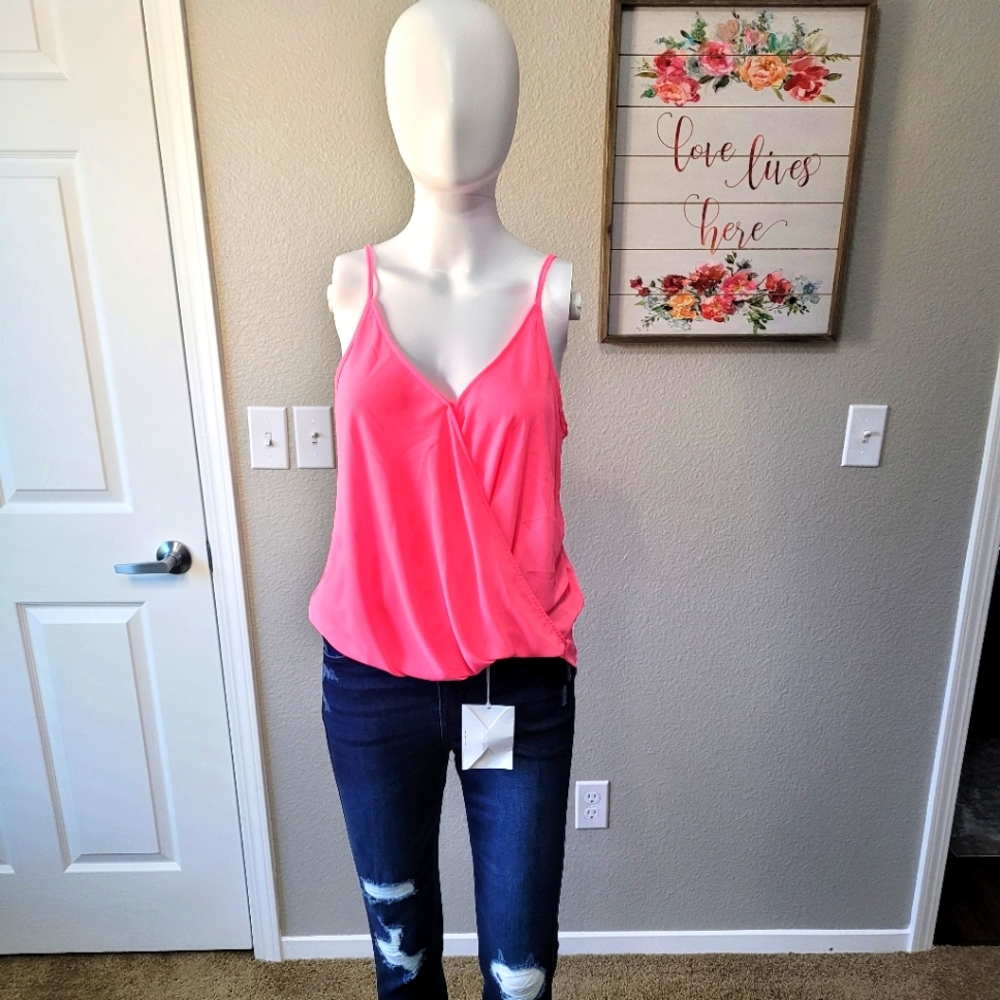 Spaghetti strap hot pink crossover blouse